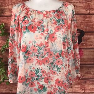 Lauren Conrad Blouse Top size Large Coral Green Floral Sheer Boho Peasant Slim